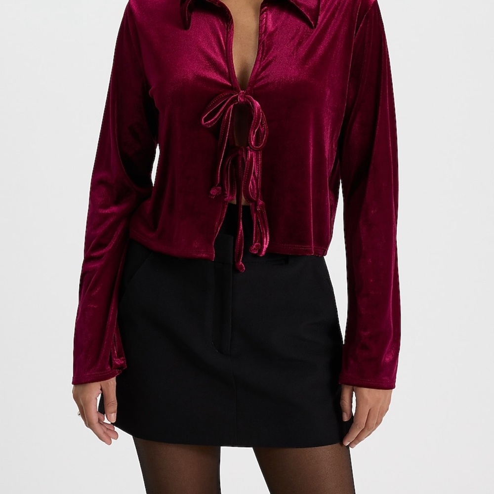 Express Red Tie Front Blouse with Notched Collar
